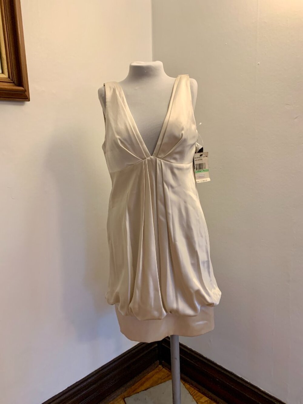 Y2K Cream Mini Midi Bubble Hem Dress Going out Party NWT ABS Allen Silky 8 Sash